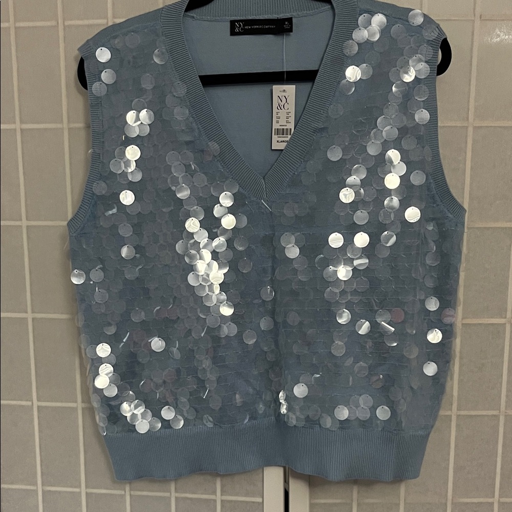 New York & Company Women's Light Blue Sequin V-Neck Sweater Vest